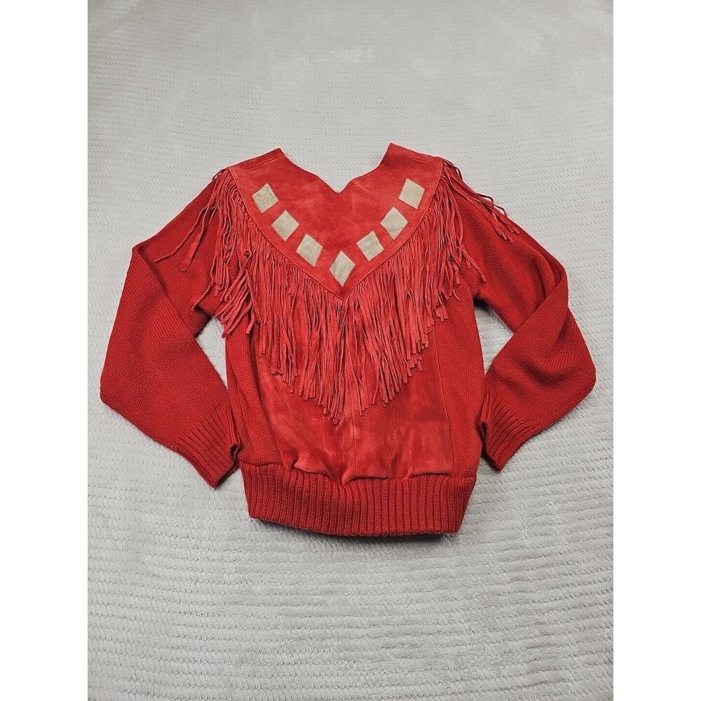 Shepler Sweater Womens Medium Vintage Fringe Tassles Leather Pullover